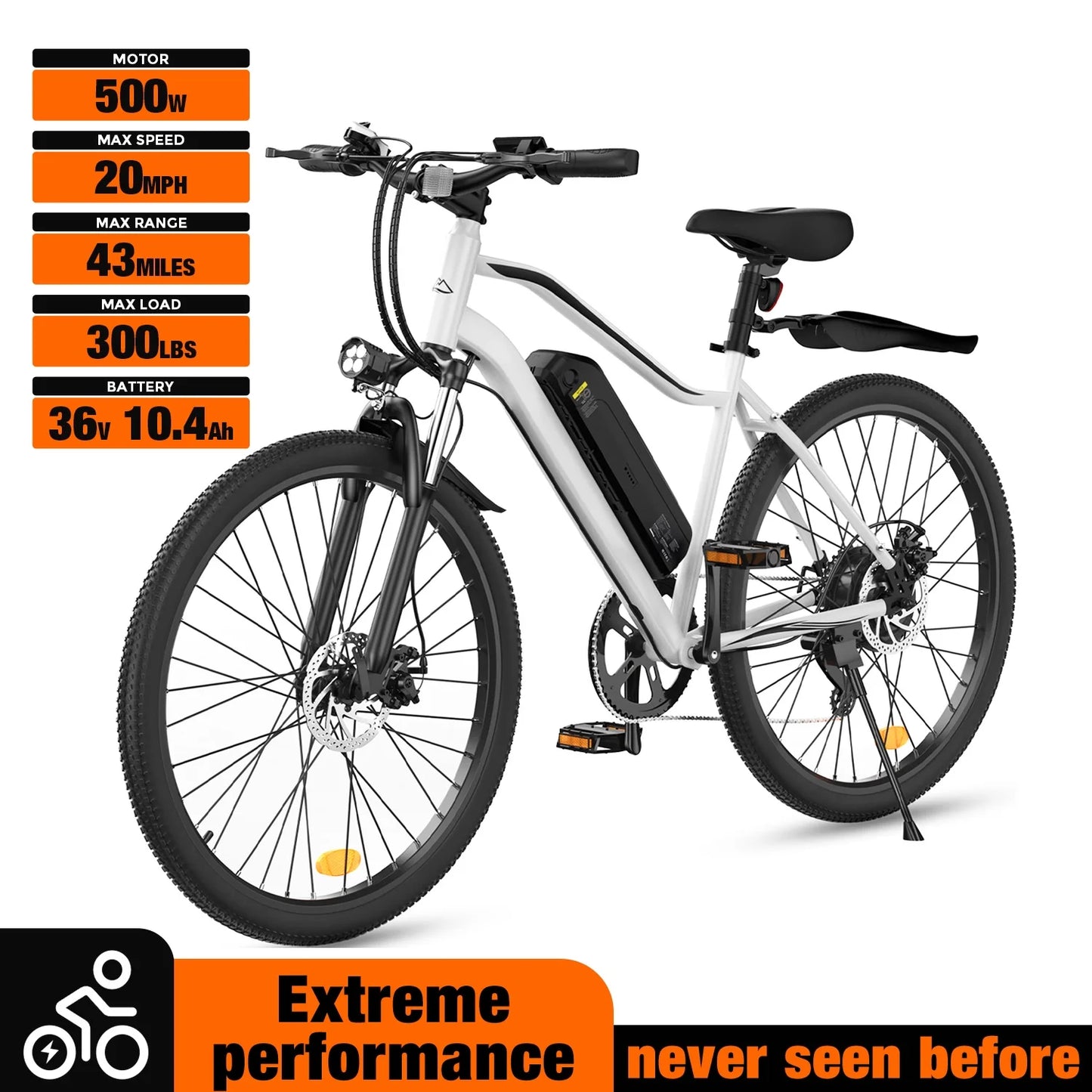 500W Electric Bike Adult,26" Mountain Bicycle Professional ,Front Dual Shock Absorption Ebike,Up 20MPH,55 Miles,35-Speed, Ul-Certified,42V 10.8AH Removable Battery,White